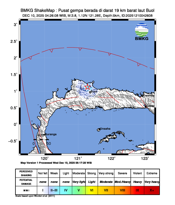 Gempa Berkekuatan 3,8 SR, pusat gempa berada di darat 19 km barat laut Buol