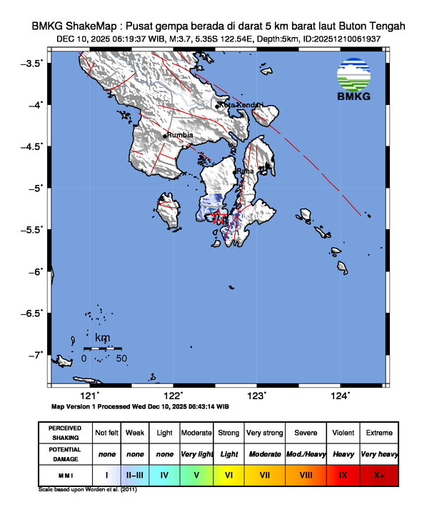 Gempa Berkekuatan 3,7 SR, pusat gempa berada di darat 5 km barat laut Buton Tengah