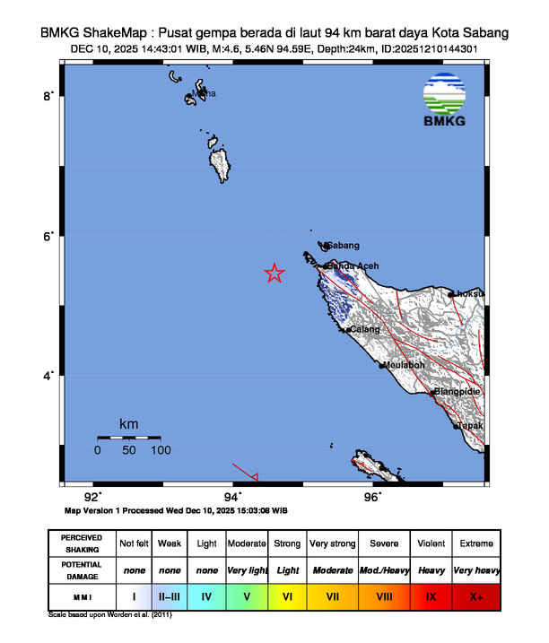 Gempa Berkekuatan 4,6 SR, pusat gempa berada di laut 94 km barat daya Kota Sabang