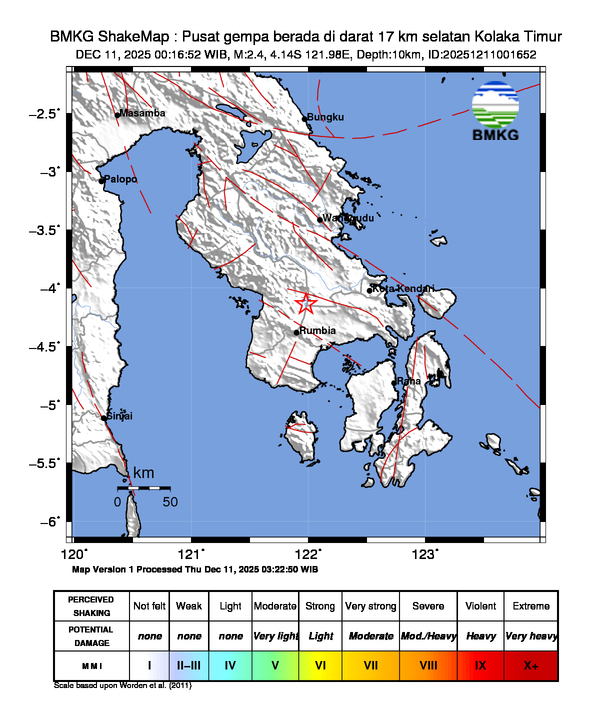 Gempa Berkekuatan 2,4 SR, pusat gempa berada di darat 17 km selatan Kolaka Timur