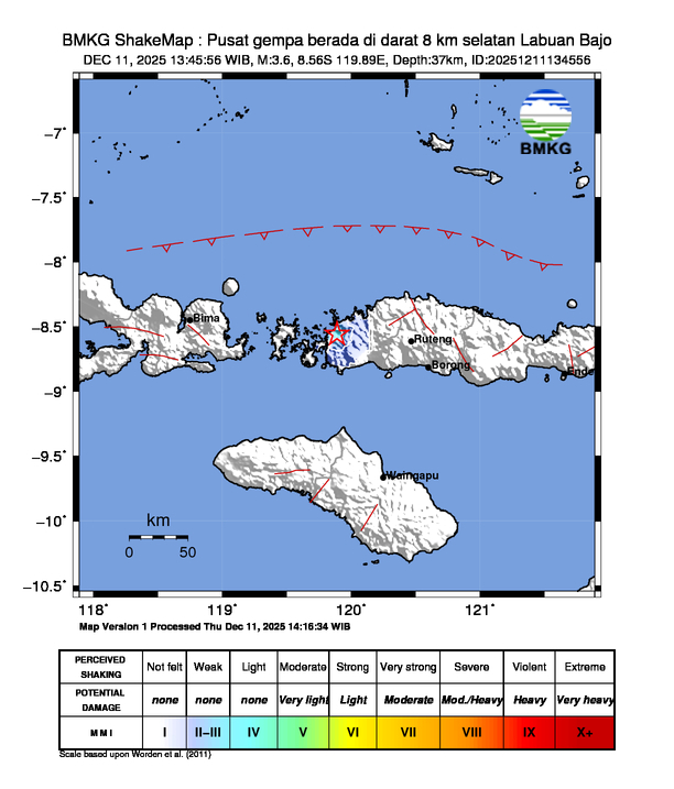 Gempa Berkekuatan 3,6 SR, pusat gempa berada di darat 8 km selatan Labuan Bajo