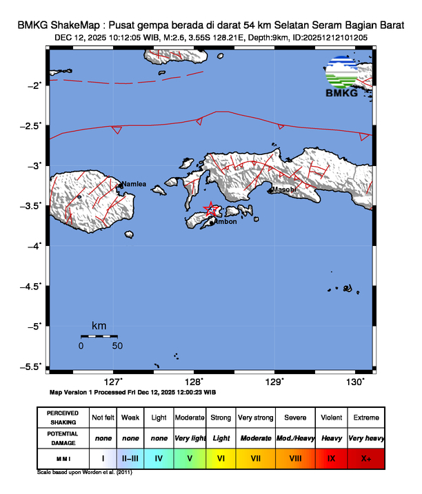 Gempa Berkekuatan 2,6 SR, pusat gempa berada di darat 54 km Selatan Seram Bagian Barat