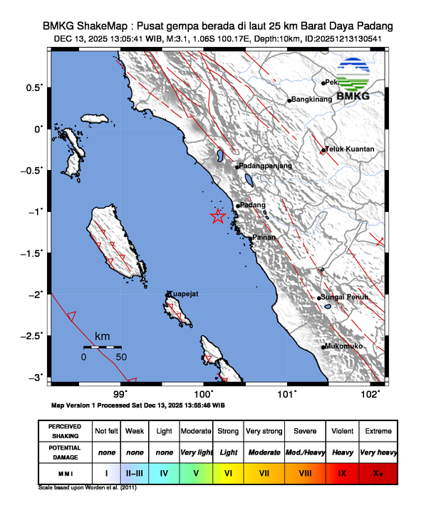 Gempa Berkekuatan 3,1 SR, pusat gempa berada di laut 25 km Barat Daya Padang