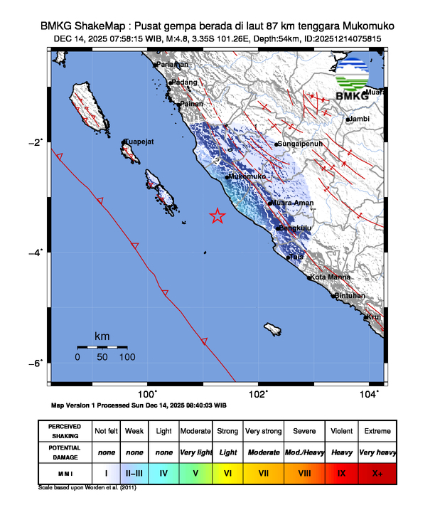 Gempa Berkekuatan 4,8 SR, pusat gempa berada di laut 87 km tenggara Mukomuko