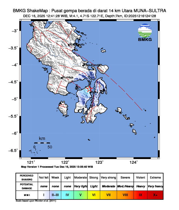 Gempa Berkekuatan 4,1 SR, pusat gempa berada di darat 14 km Utara MUNA-SULTRA
