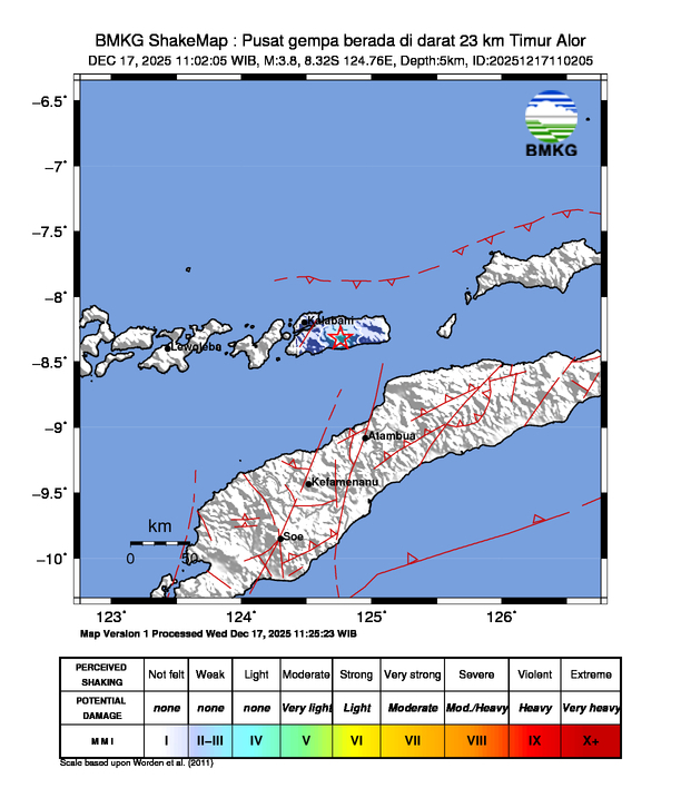 Gempa Berkekuatan 3,8 SR, pusat gempa berada di darat 23 km Timur Alor