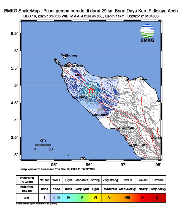 Gempa Berkekuatan 4,4 SR, pusat gempa berada di darat 29 km Barat Daya Kab. Pidiejaya Aceh