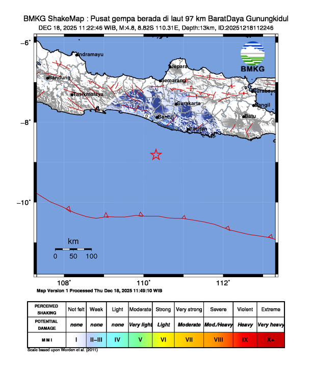 Gempa Berkekuatan 4,8 SR, pusat gempa berada di laut 97 km BaratDaya Gunungkidul