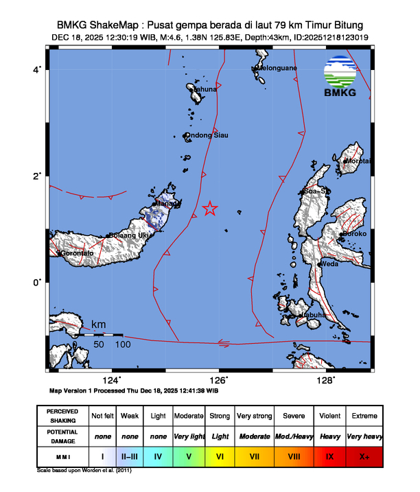 Gempa Berkekuatan 4,6 SR, pusat gempa berada di laut 79 km Timur Bitung