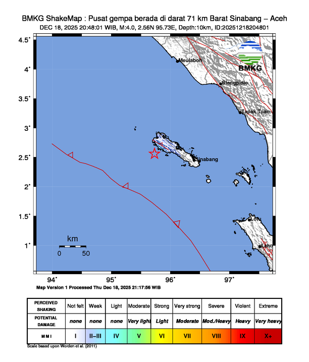 Gempa Berkekuatan 4,0 SR, pusat gempa berada di darat 71 km Barat Sinabang - Aceh