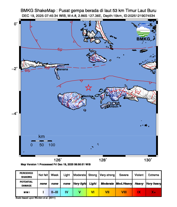 Gempa Berkekuatan 4,8 SR, pusat gempa berada di laut 53 km Timur Laut Buru